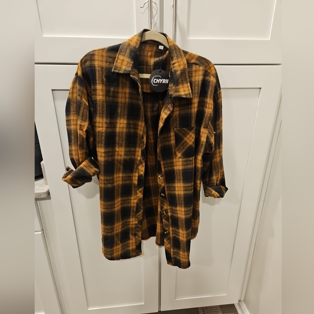 Women's CHYRII Flannel Plaid Button Down Long Sleeve Shirt XL Fall